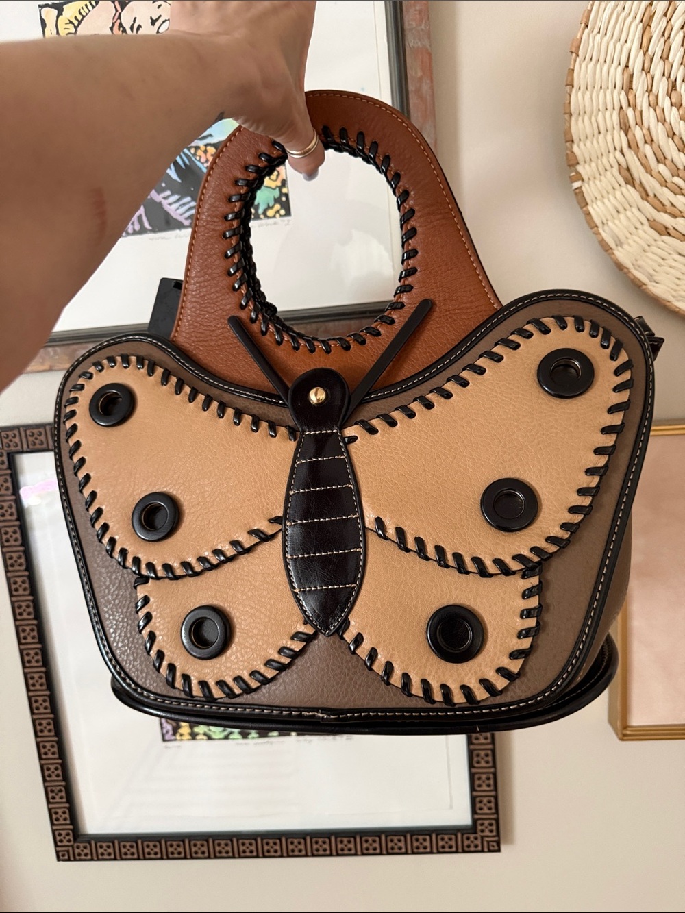 AMERICAN BEE Butterfly Stitch Accent Brown & Tan Leather Top-Handle Bag